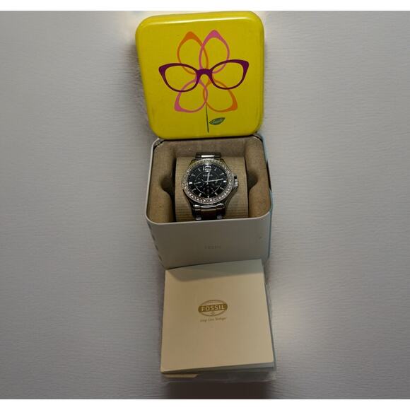 Fossil Riley Chrome Ceramic & CRYSTAL BEZEL WATCH CE1067 NEW with/Tin main image 4